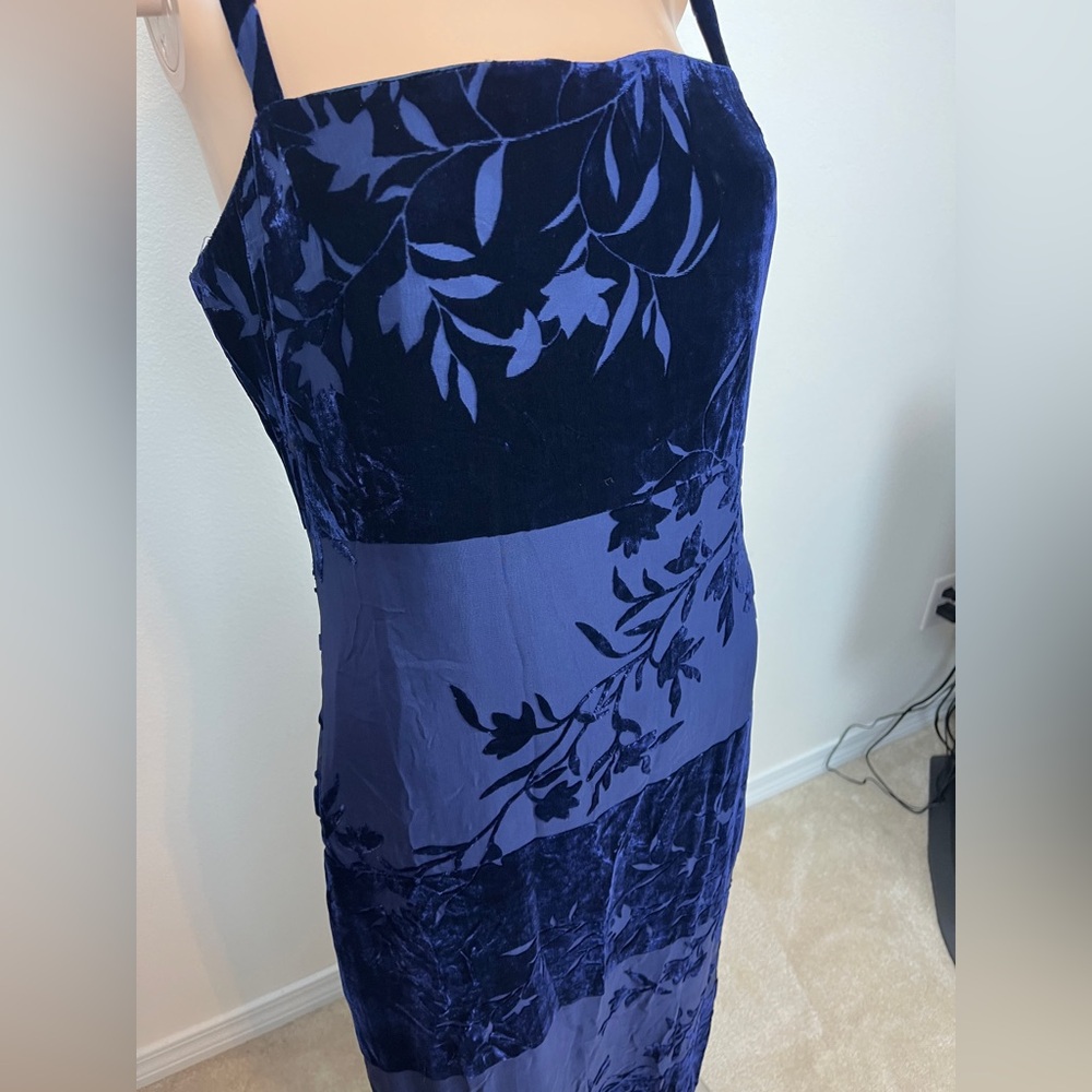 Vintage Y2K Ever Beauty Size 8 Navy Blue Velvet Floral Slip Maxi Summer Dress